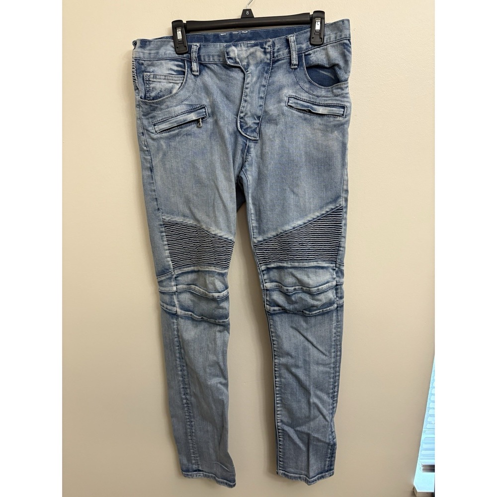 Balmain Men's Biker Moto Jeans - Light Blue Distressed Ribbed Denim Size 34x32
